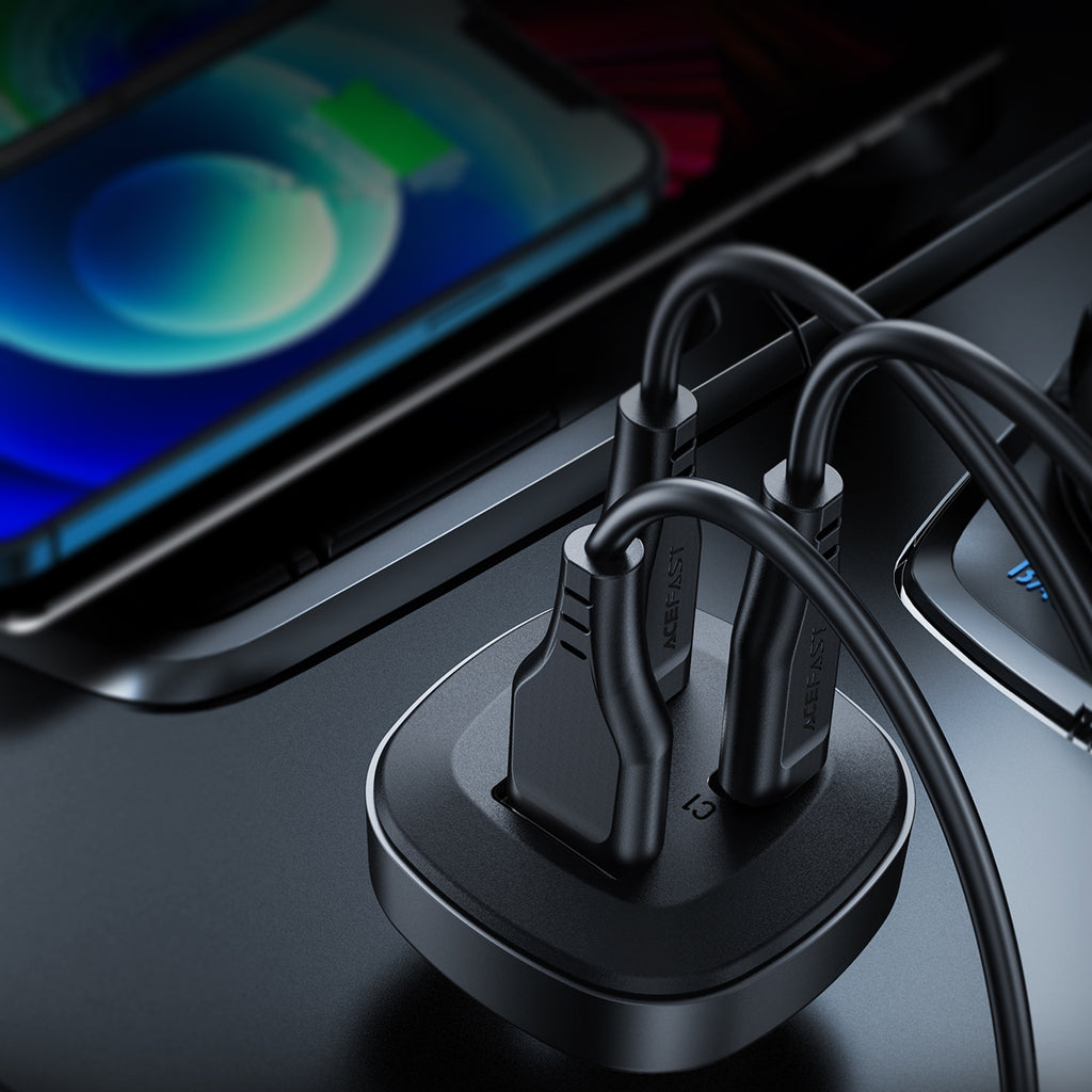 Acefast automobilinis įkroviklis 66W 2x USB Type-C / USB, PPS, Power Delivery, Quick Charge 4.0, AFC, FCP, SCP, juodas (B3 juodas)
