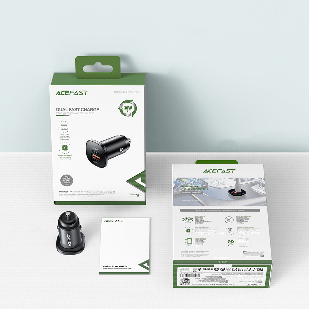 Acefast automobilinis įkroviklis 38W USB Type-C / USB, PPS, Power Delivery, Quick Charge 3.0, AFC, FCP, juodas (B1 juodas)