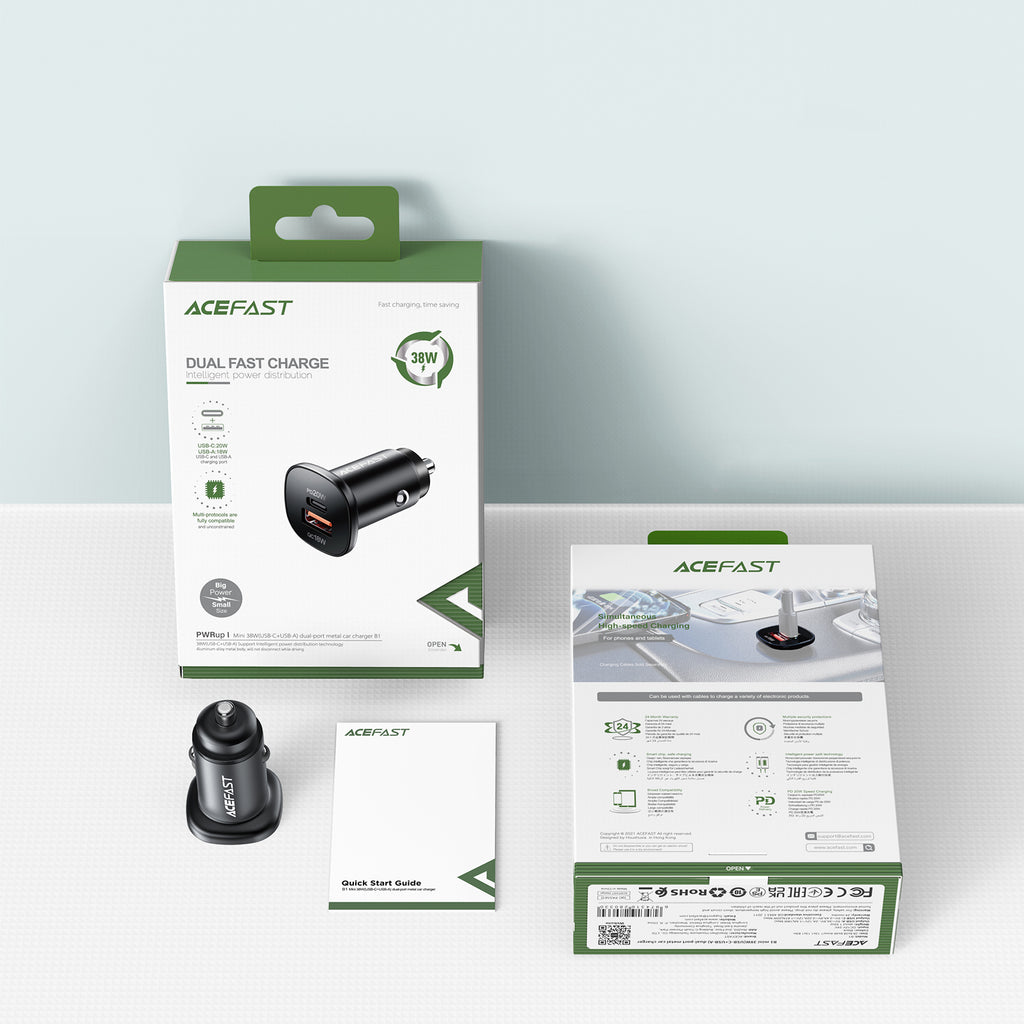 Acefast automobilinis įkroviklis 38W USB Type-C / USB, PPS, Power Delivery, Quick Charge 3.0, AFC, FCP, juodas (B1 juodas)