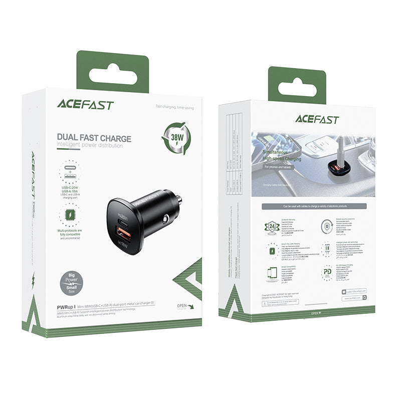 Acefast automobilinis įkroviklis 38W USB Type-C / USB, PPS, Power Delivery, Quick Charge 3.0, AFC, FCP, juodas (B1 juodas)