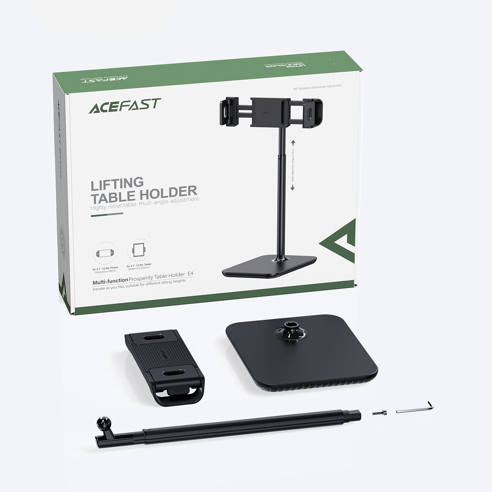 Acefast teleskopinis telefono ir planšetės laikiklis (135-230mm pločio) stalui, 360°, juodas (E4 black)