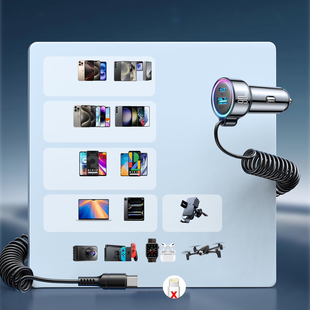 Joyroom JR-CL07 72W 3-in-1 automobilinis įkroviklis su 1.6 m USB-C laidu – juodas