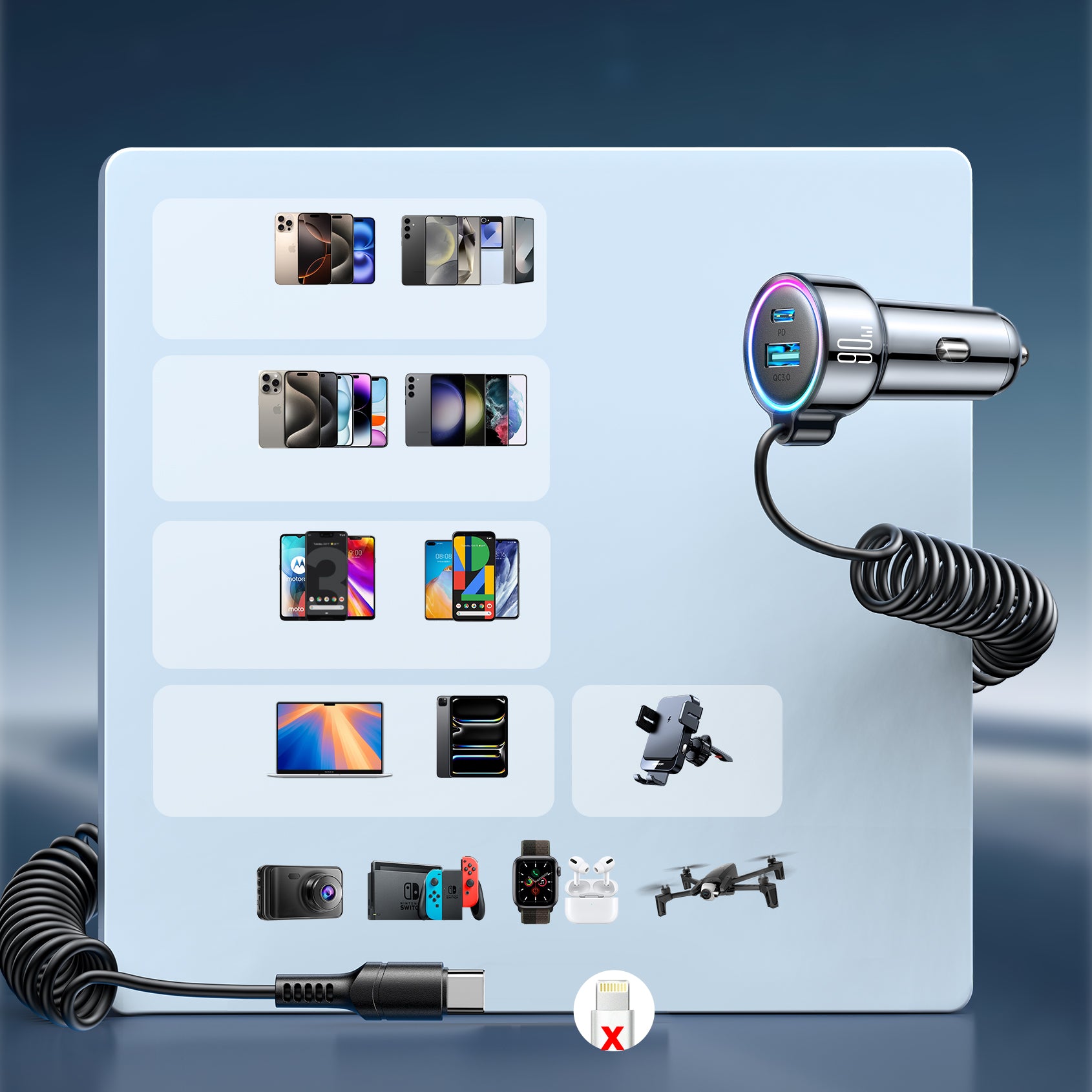 Joyroom JR-CL07 72W 3-in-1 automobilinis įkroviklis su 1.6 m USB-C laidu – juodas