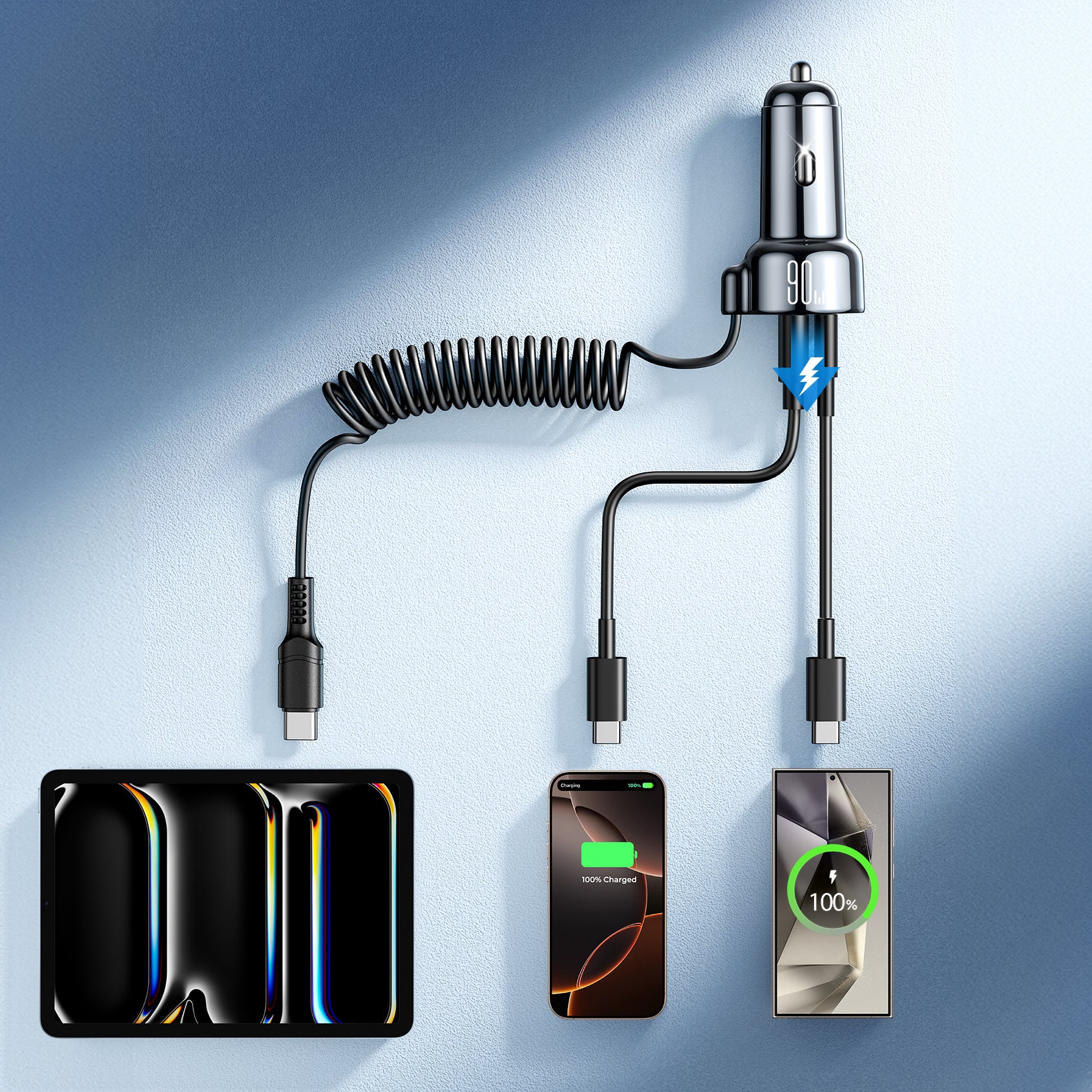Joyroom JR-CL07 72W 3-in-1 automobilinis įkroviklis su 1.6 m USB-C laidu – juodas