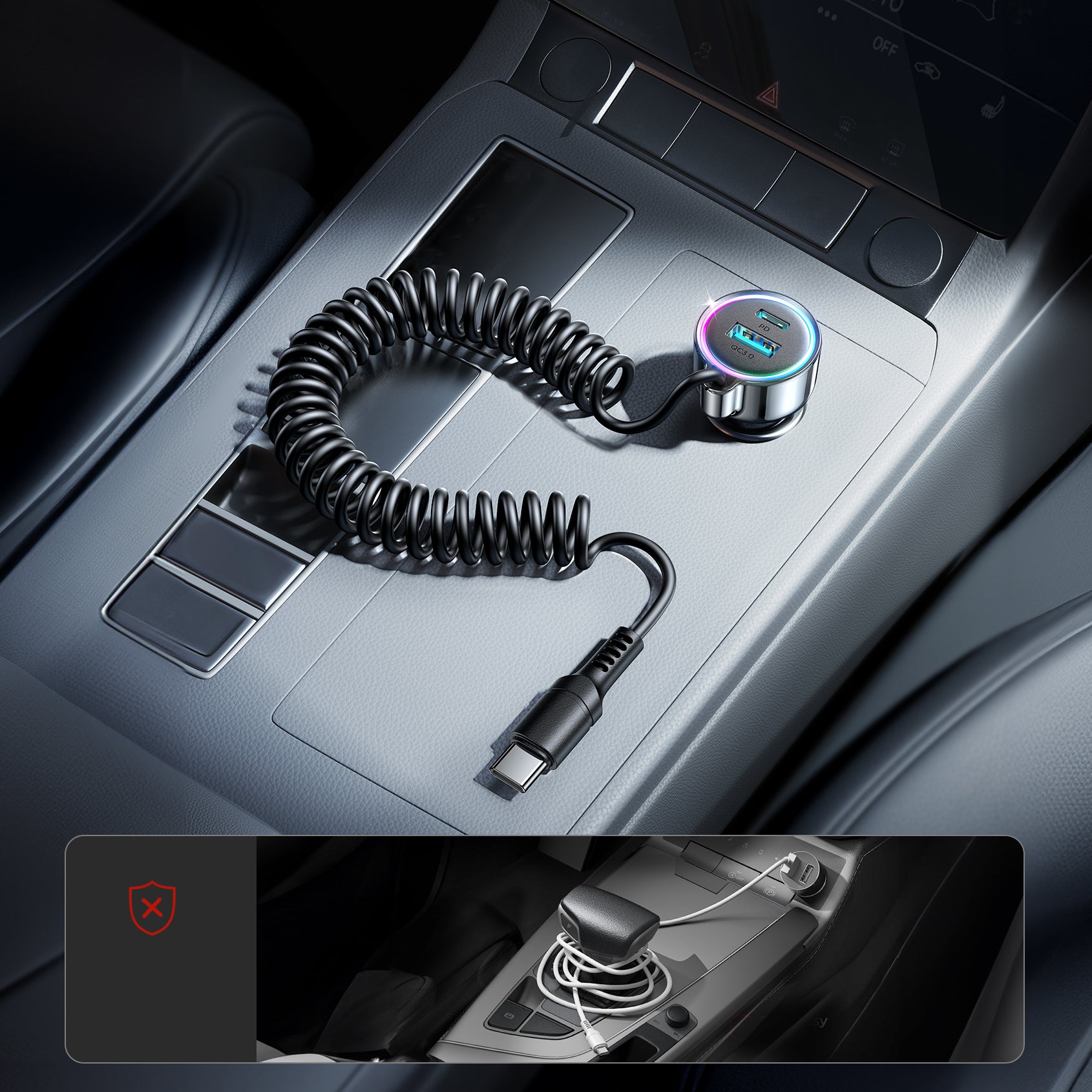 Joyroom JR-CL07 72W 3-in-1 automobilinis įkroviklis su 1.6 m USB-C laidu – juodas