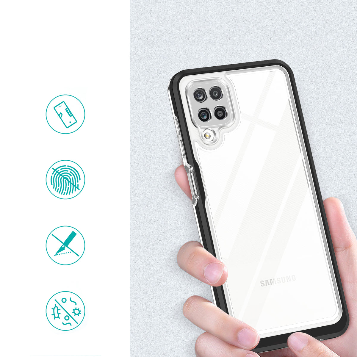 Skaidrus 3in1 dėklas Samsung Galaxy A22 4G – juodas rėmelis -- Samsung Galaxy A22
