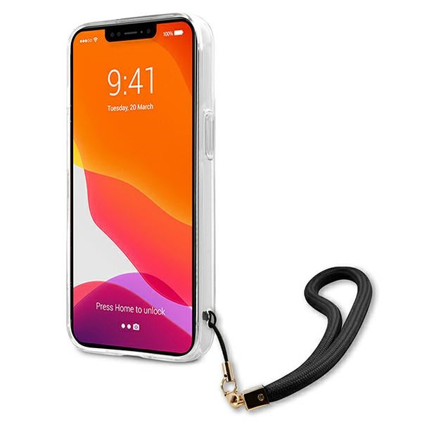 Guess dėklas iPhone 13 / 13 Pro – juodas, Camo dirželis