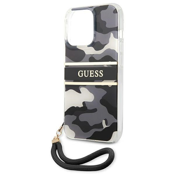 Guess dėklas iPhone 13 / 13 Pro – juodas, Camo dirželis