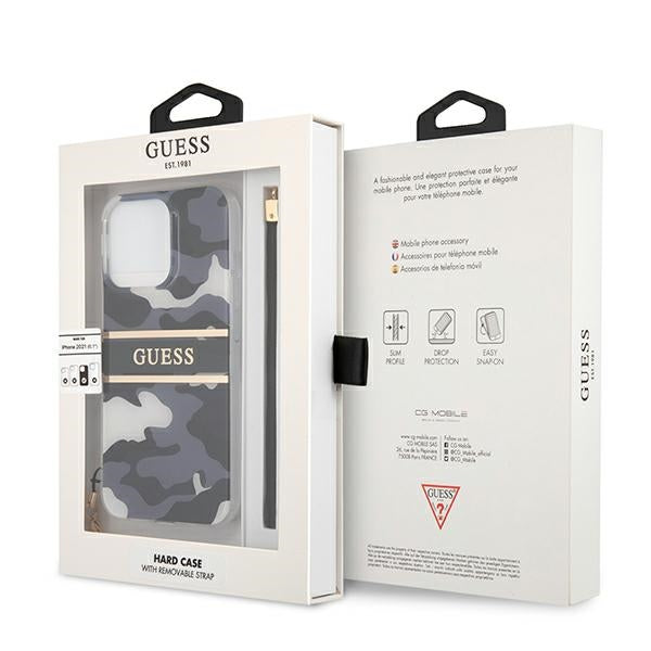 Guess dėklas iPhone 13 / 13 Pro – juodas, Camo dirželis