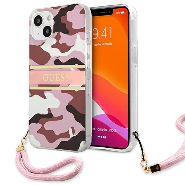 Guess dėklas iPhone 13 – rožinis Camo, su dirželiu