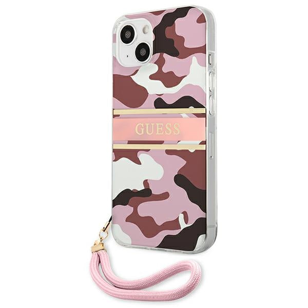 Guess dėklas iPhone 13 – rožinis Camo, su dirželiu