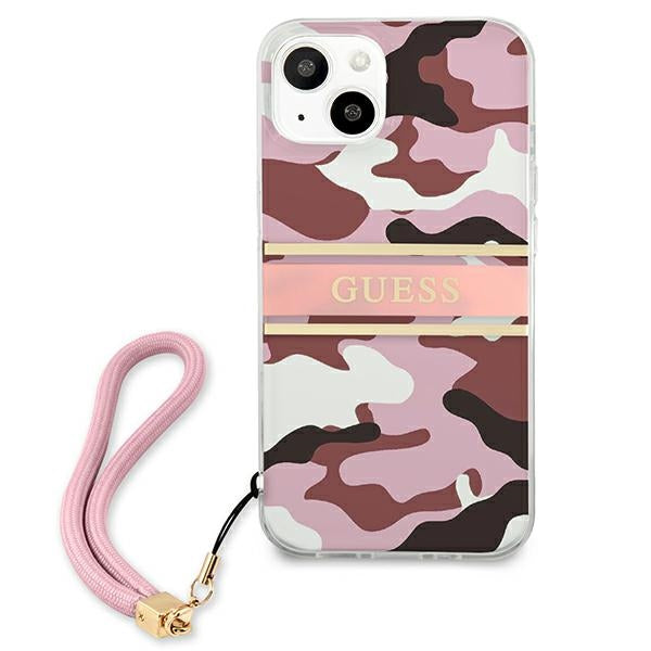 Guess dėklas iPhone 13 – rožinis Camo, su dirželiu