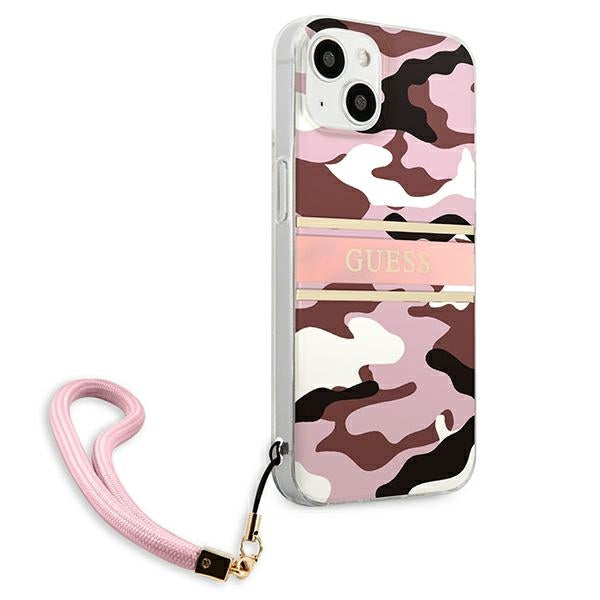 Guess dėklas iPhone 13 – rožinis Camo, su dirželiu
