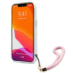 Guess dėklas iPhone 13 – rožinis Camo, su dirželiu