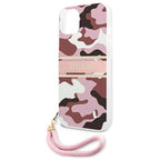Guess dėklas iPhone 13 – rožinis Camo, su dirželiu