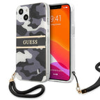 Guess dėklas iPhone 13 mini – juodas kamufliažas su dirželiu