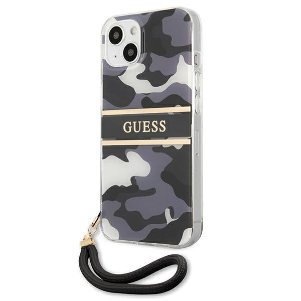 Guess dėklas iPhone 13 mini – juodas kamufliažas su dirželiu