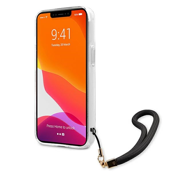 Guess dėklas iPhone 13 mini – juodas kamufliažas su dirželiu