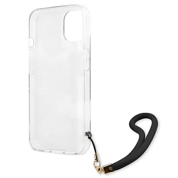 Guess dėklas iPhone 13 mini – juodas kamufliažas su dirželiu