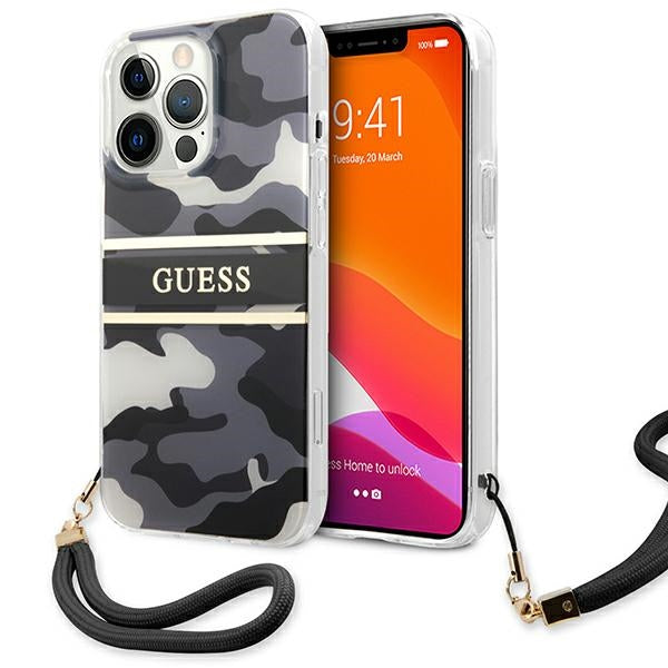 Guess dėklas iPhone 13 Pro Max – juodas, camo, dirželis