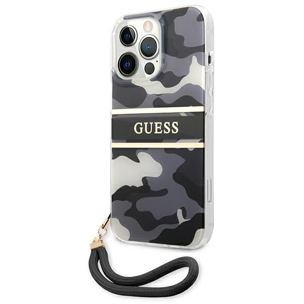 Guess dėklas iPhone 13 Pro Max – juodas, camo, dirželis