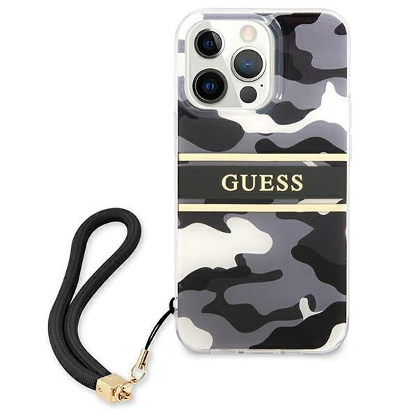 Guess dėklas iPhone 13 Pro Max – juodas, camo, dirželis