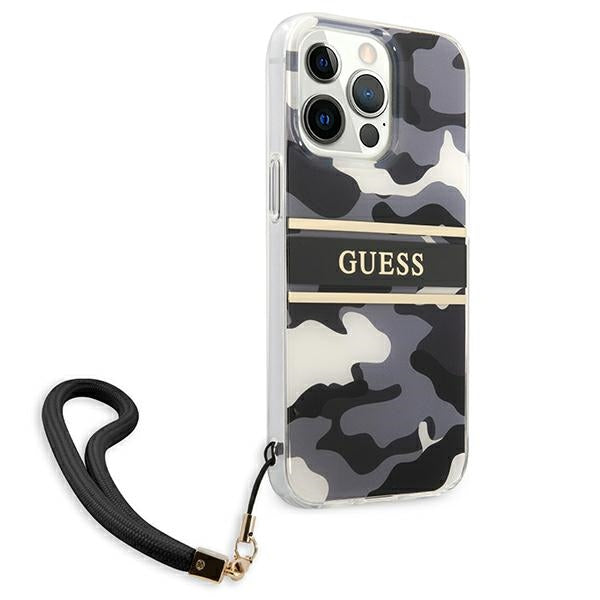 Guess dėklas iPhone 13 Pro Max – juodas, camo, dirželis