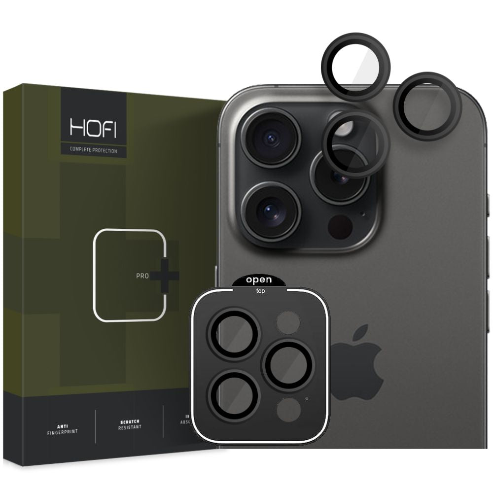 Kameros apsauginis stiklas Hofi Camring Pro+ iPhone 15 Pro / 15 Pro Max, juodas -- iPhone 15 Pro, iPhone 15 Pro Max