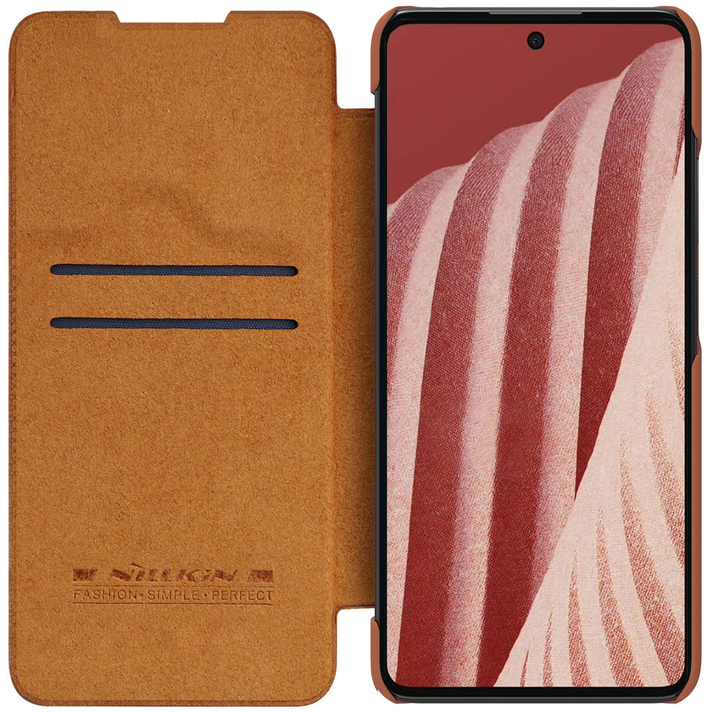 Nillkin Qin odinis atverčiamas dėklas Galaxy A73 – rudas -- Samsung Galaxy A73