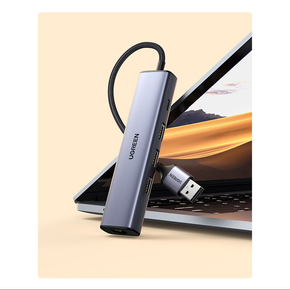 Ugreen daugiafunkcis adapteris HUB USB 3.0 - 3 x USB / Ethernet RJ-45 / USB Type C PD pilkas (CM475) -- USB Hubs