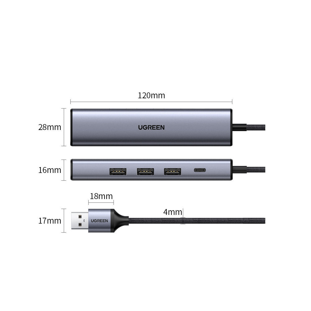 Ugreen daugiafunkcis adapteris HUB USB 3.0 - 3 x USB / Ethernet RJ-45 / USB Type C PD pilkas (CM475) -- USB Hubs