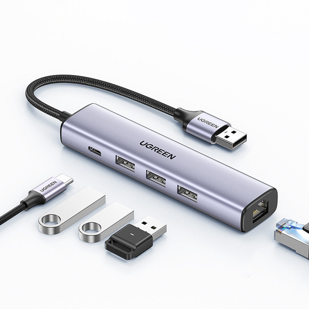 Ugreen daugiafunkcis adapteris HUB USB 3.0 - 3 x USB / Ethernet RJ-45 / USB Type C PD pilkas (CM475) -- USB Hubs