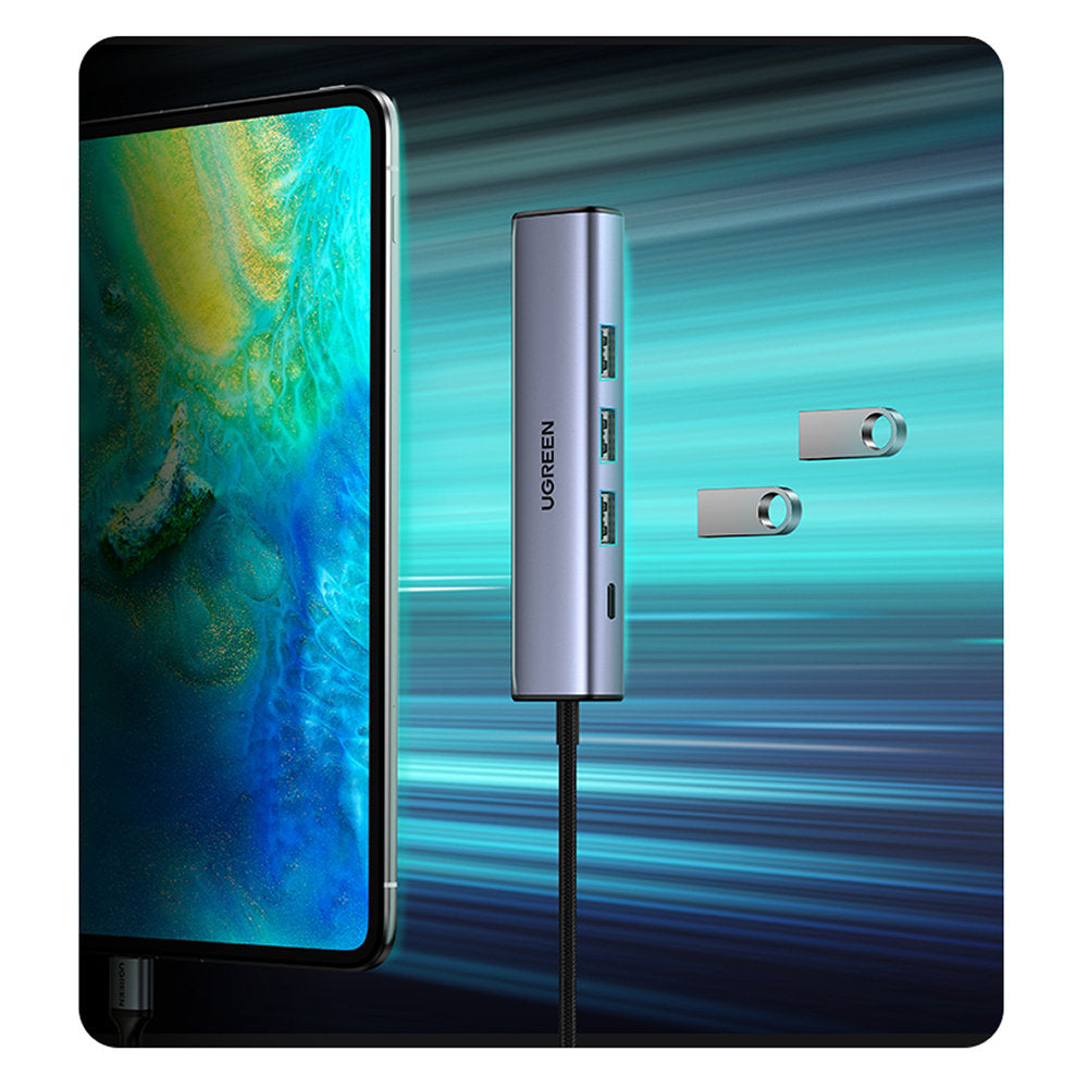 Ugreen daugiafunkcis adapteris HUB USB 3.0 - 3 x USB / Ethernet RJ-45 / USB Type C PD pilkas (CM475) -- USB Hubs