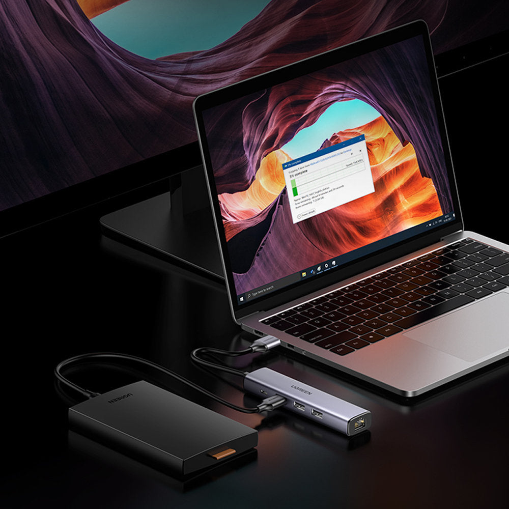 Ugreen daugiafunkcis adapteris HUB USB 3.0 - 3 x USB / Ethernet RJ-45 / USB Type C PD pilkas (CM475) -- USB Hubs
