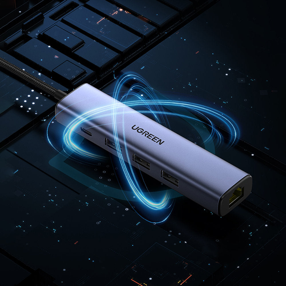 Ugreen daugiafunkcis adapteris HUB USB 3.0 - 3 x USB / Ethernet RJ-45 / USB Type C PD pilkas (CM475) -- USB Hubs