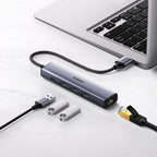 Ugreen daugiafunkcis adapteris HUB USB 3.0 - 3 x USB / Ethernet RJ-45 / USB Type C PD pilkas (CM475) -- USB Hubs