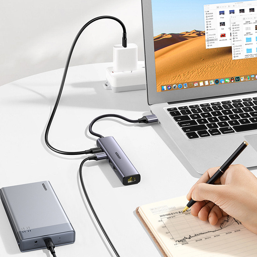 Ugreen daugiafunkcis adapteris HUB USB 3.0 - 3 x USB / Ethernet RJ-45 / USB Type C PD pilkas (CM475) -- USB Hubs