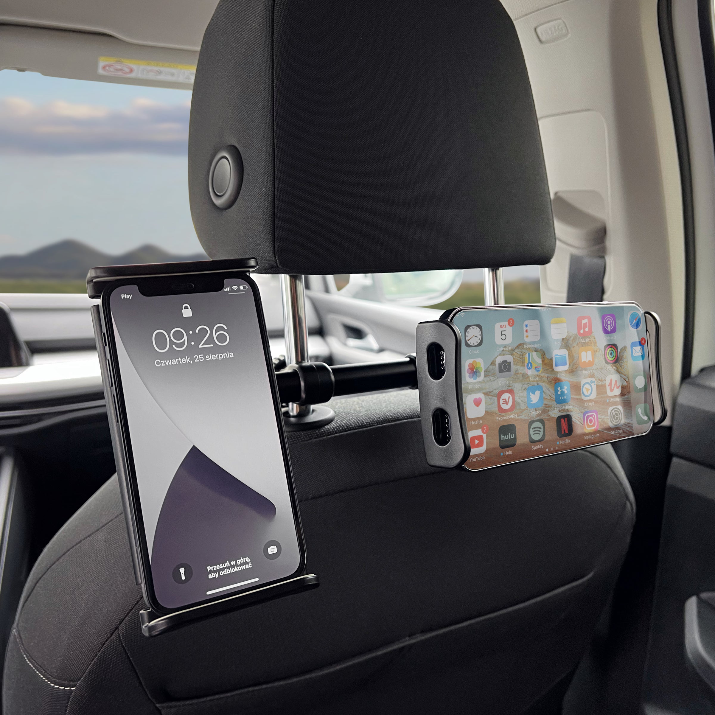 Wozinsky WTHBK1 dvigubas automobilinis telefono laikiklis galvos atramai, juodas