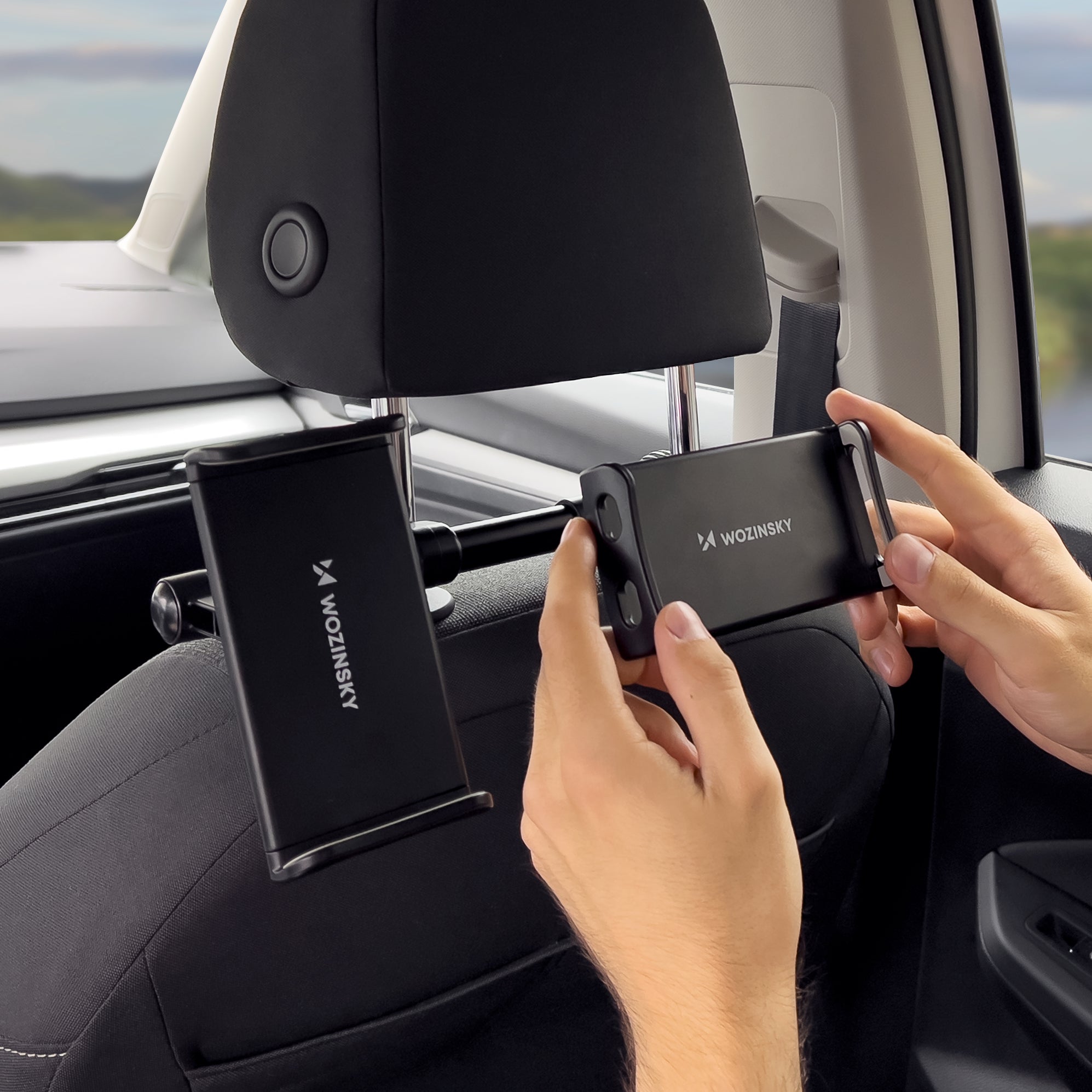 Wozinsky WTHBK1 dvigubas automobilinis telefono laikiklis galvos atramai, juodas