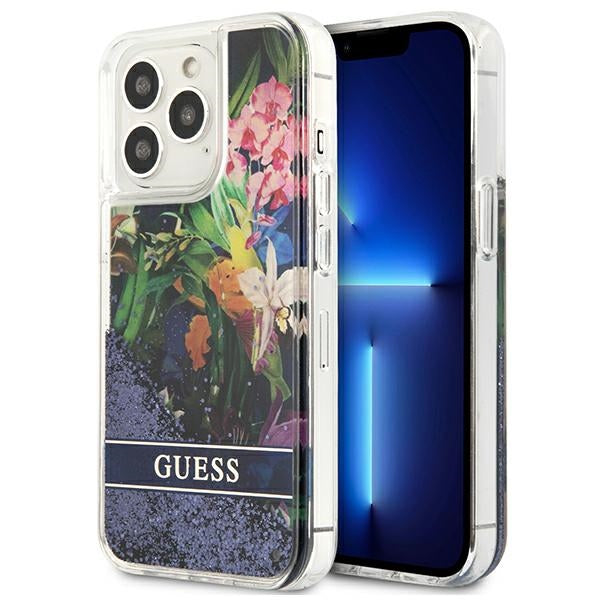 Guess Flower Liquid Glitter dėklas iPhone 13/13 Pro – mėlynas -- iPhone 13 Pro