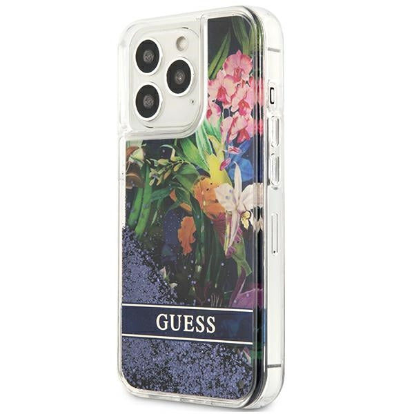 Guess Flower Liquid Glitter dėklas iPhone 13/13 Pro – mėlynas -- iPhone 13 Pro