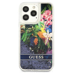 Guess Flower Liquid Glitter dėklas iPhone 13/13 Pro – mėlynas -- iPhone 13 Pro
