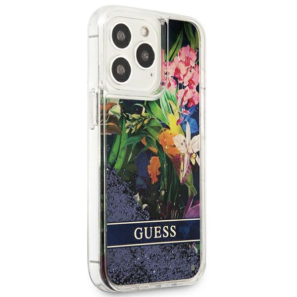Guess Flower Liquid Glitter dėklas iPhone 13/13 Pro – mėlynas -- iPhone 13 Pro