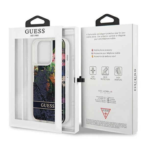 Guess Flower Liquid Glitter dėklas iPhone 13/13 Pro – mėlynas -- iPhone 13 Pro