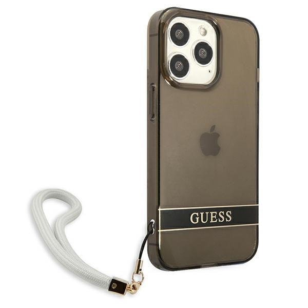 Guess skaidrus dėklas iPhone 13/13 Pro su dirželiu – juodas
