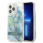 Guess dėklas iPhone 13/13 Pro – žalias, Flower Liquid Glitter