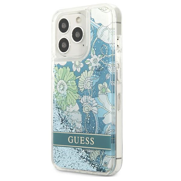 Guess dėklas iPhone 13/13 Pro – žalias, Flower Liquid Glitter