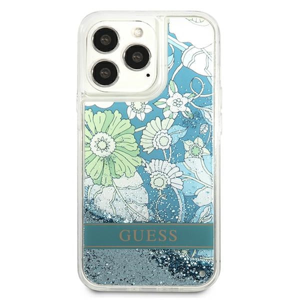 Guess dėklas iPhone 13/13 Pro – žalias, Flower Liquid Glitter
