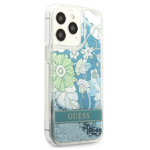Guess dėklas iPhone 13/13 Pro – žalias, Flower Liquid Glitter
