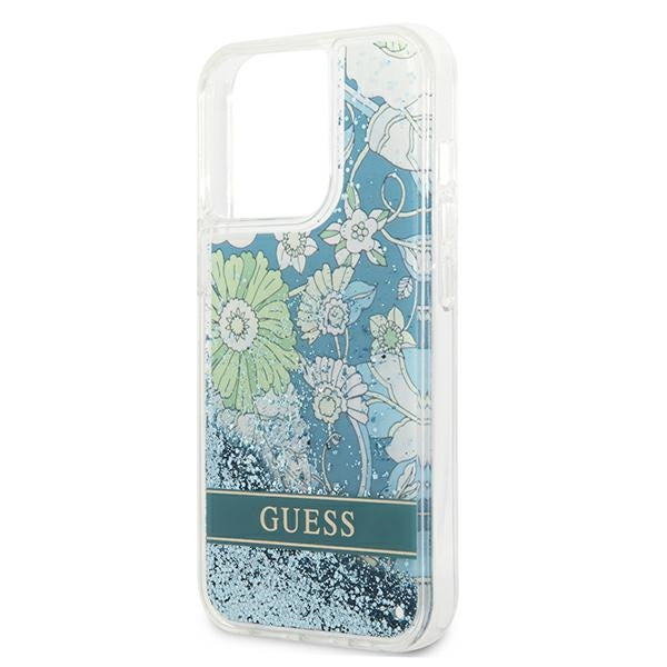 Guess dėklas iPhone 13/13 Pro – žalias, Flower Liquid Glitter